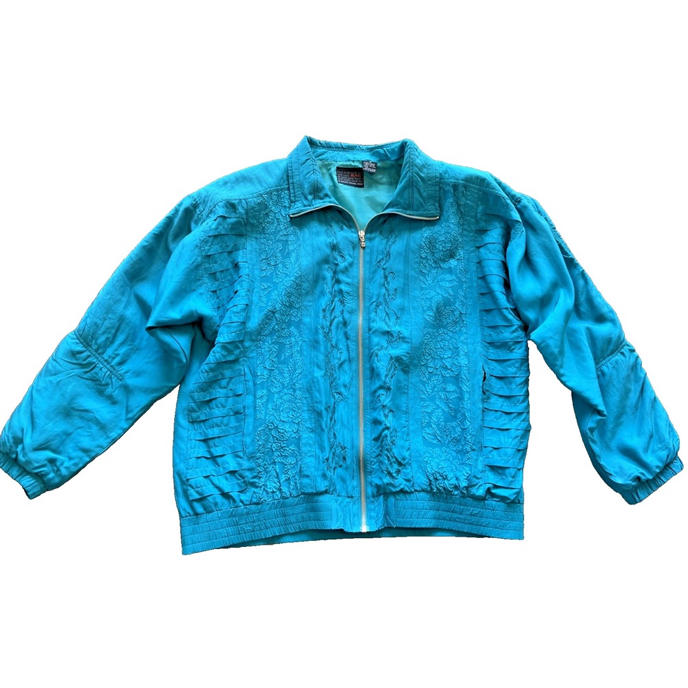 Mureli Silk Jacket Teal Singed Ruffled Pleated Full Zip Sz Small Vintage J21